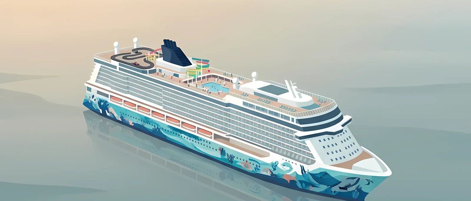 Norwegian Cruise Line ship illustration in minimalist pastel style