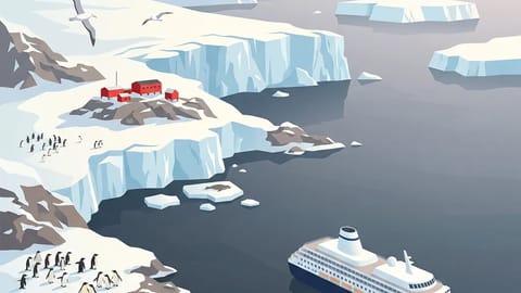 Ice cliffs, penguin colonies, and research station in Antarctica