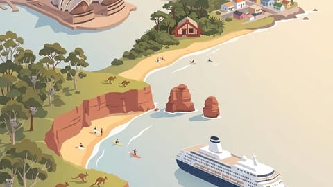 Sydney Opera House, Twelve Apostles, and koalas on an Australian coastline