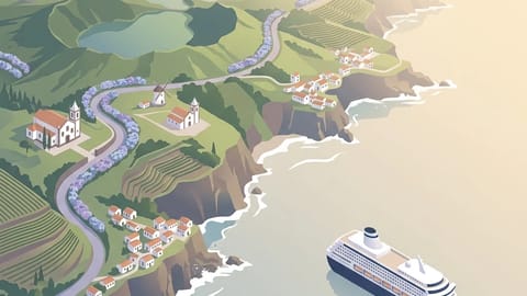 Lush volcanic island with crater lake and Portuguese church in the Azores
