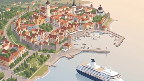 Historic Baltic port city with waterfront architecture