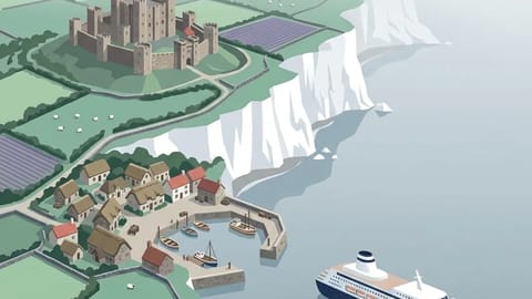 White chalk cliffs with medieval castle and thatched cottages in the British Isles