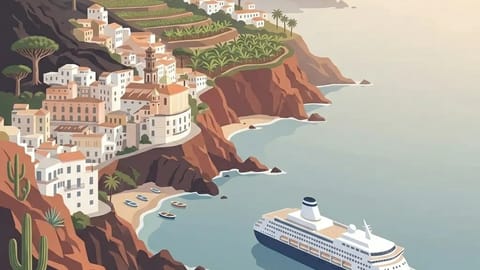 Volcanic island with whitewashed village and dragon trees in the Canary Islands