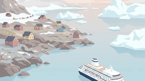 Colorful wooden houses and icebergs in a Greenland fjord