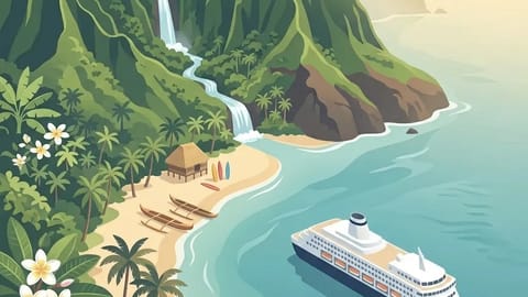 Lush volcanic cliffs and golden beach with outrigger canoes in Hawaii
