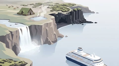 Dramatic basalt columns and waterfall on the Icelandic coast