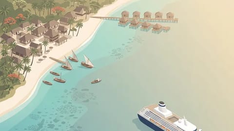 Overwater bungalows and turquoise lagoon in the Indian Ocean