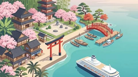 Japanese coastline with torii gate, pagoda, and cherry blossoms