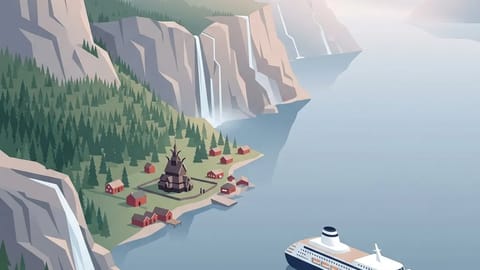 Norwegian fjord with red wooden village and stave church