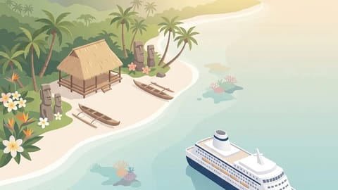 Tropical atoll with tiki statues and coral reef in the Pacific Islands