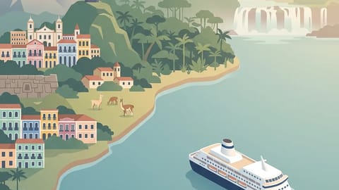 Christ the Redeemer, colorful colonial buildings, and Iguazu Falls in South America