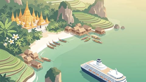 Limestone karsts and golden temple on a tropical Southeast Asian coast