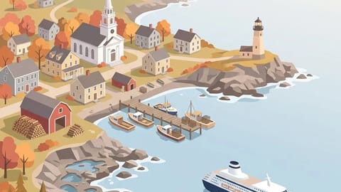New England coastal town with lighthouse and autumn foliage