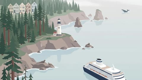 Pacific Northwest coastline with redwoods and Golden Gate Bridge