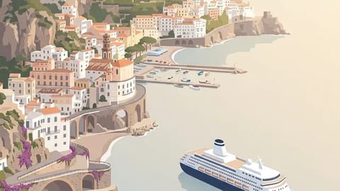 Coastal Mediterranean village with colorful buildings