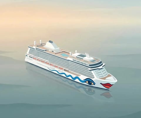 Illustration eines Schiffs von AIDA Cruises in minimalistischem Pastellstil