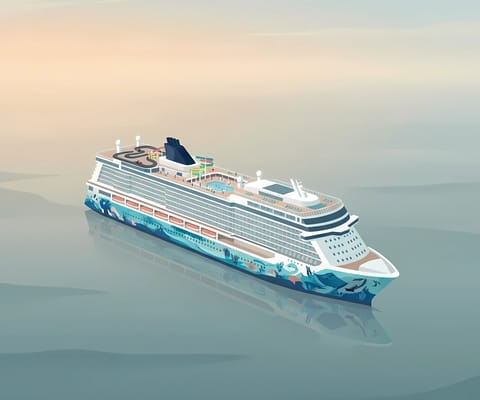 Norwegian Cruise Line ship illustration in minimalist pastel style
