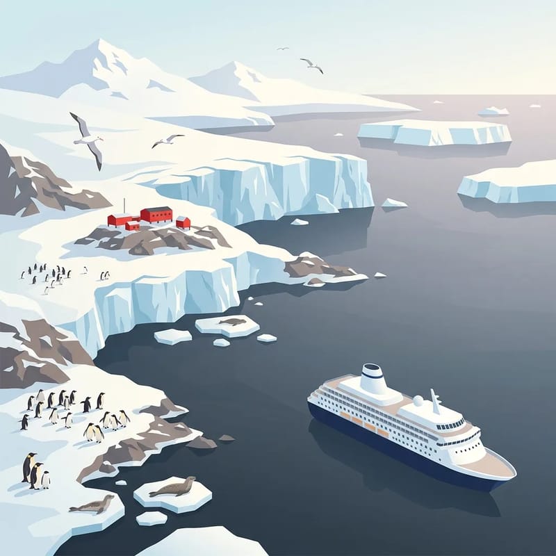 Ice cliffs, penguin colonies, and research station in Antarctica