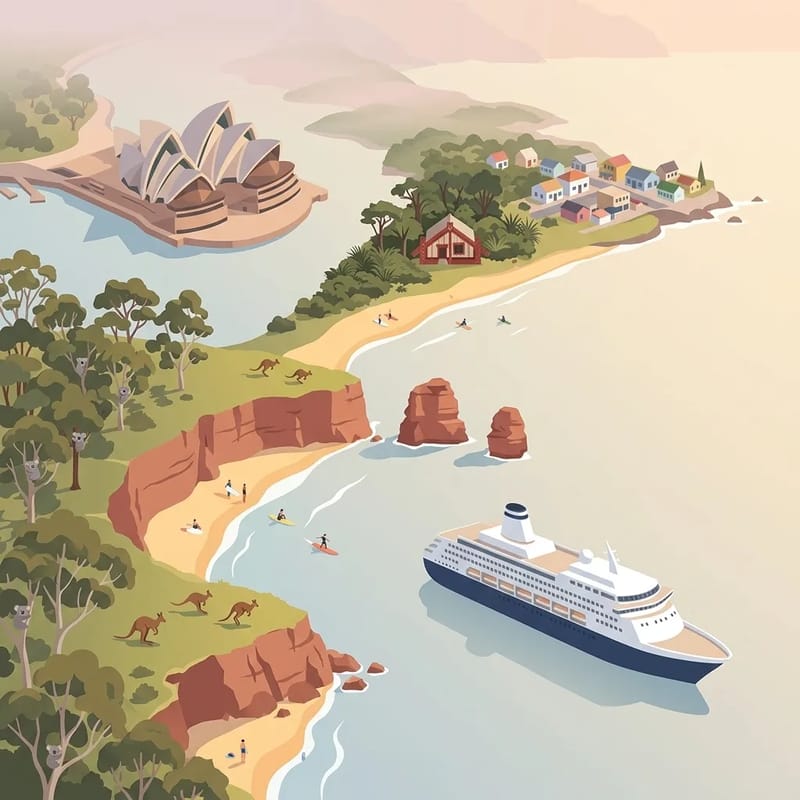 Sydney Opera House, Twelve Apostles, and koalas on an Australian coastline