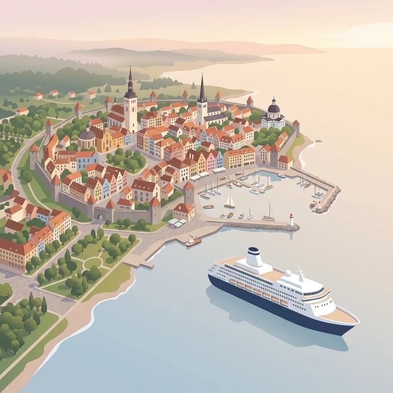 Historic Baltic port city with waterfront architecture