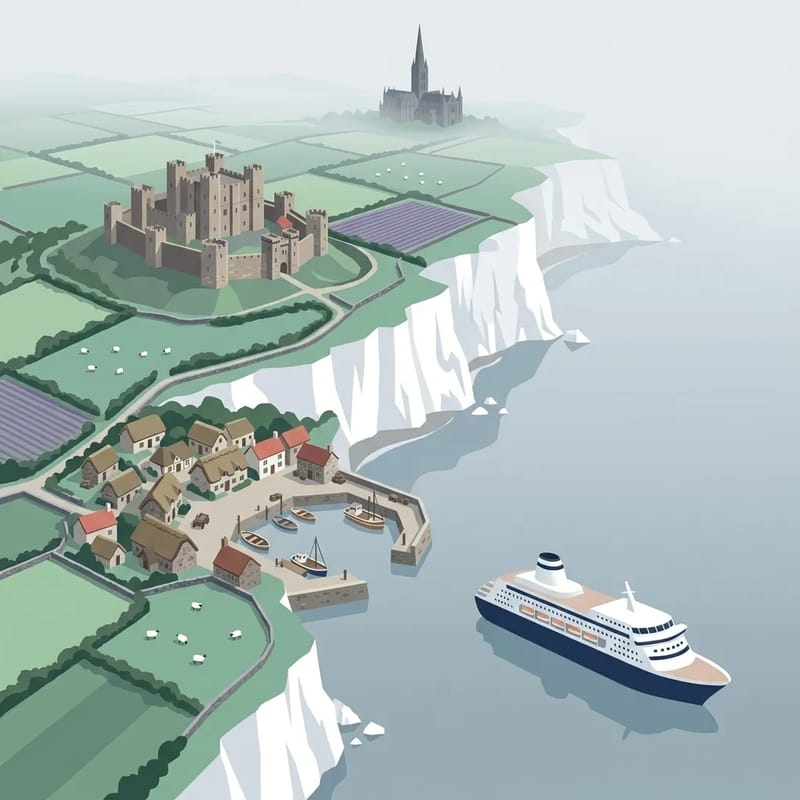 White chalk cliffs with medieval castle and thatched cottages in the British Isles