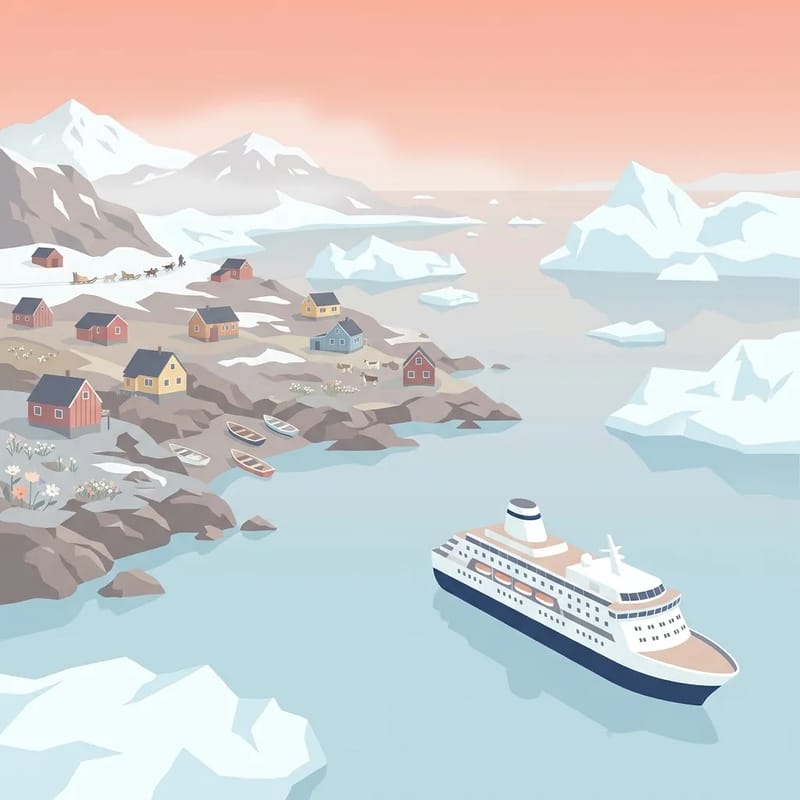 Colorful wooden houses and icebergs in a Greenland fjord