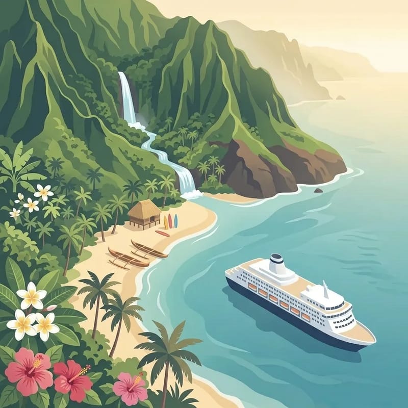 Lush volcanic cliffs and golden beach with outrigger canoes in Hawaii