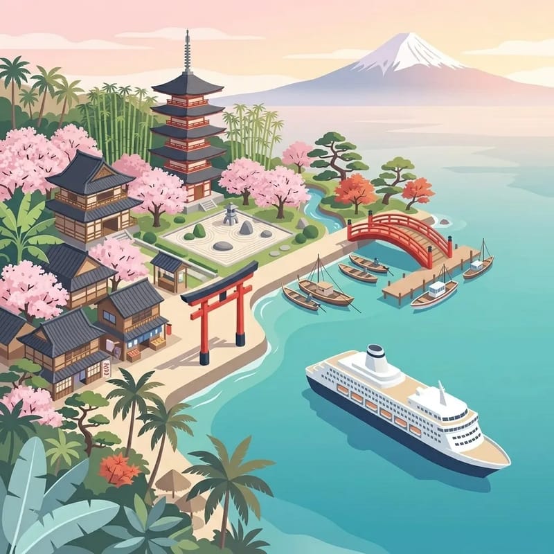 Japanese coastline with torii gate, pagoda, and cherry blossoms