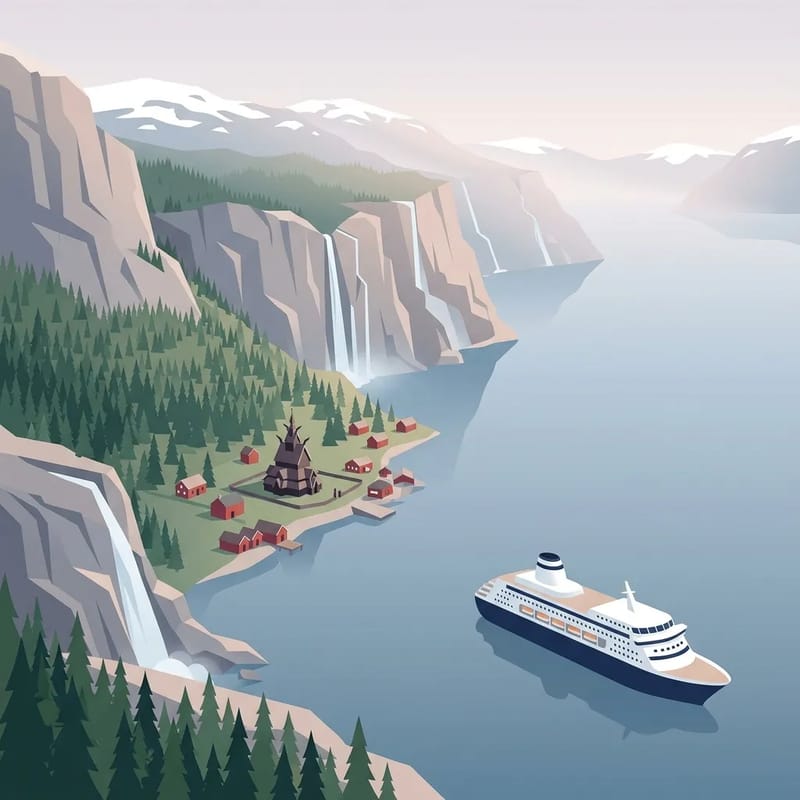 Norwegian fjord with red wooden village and stave church