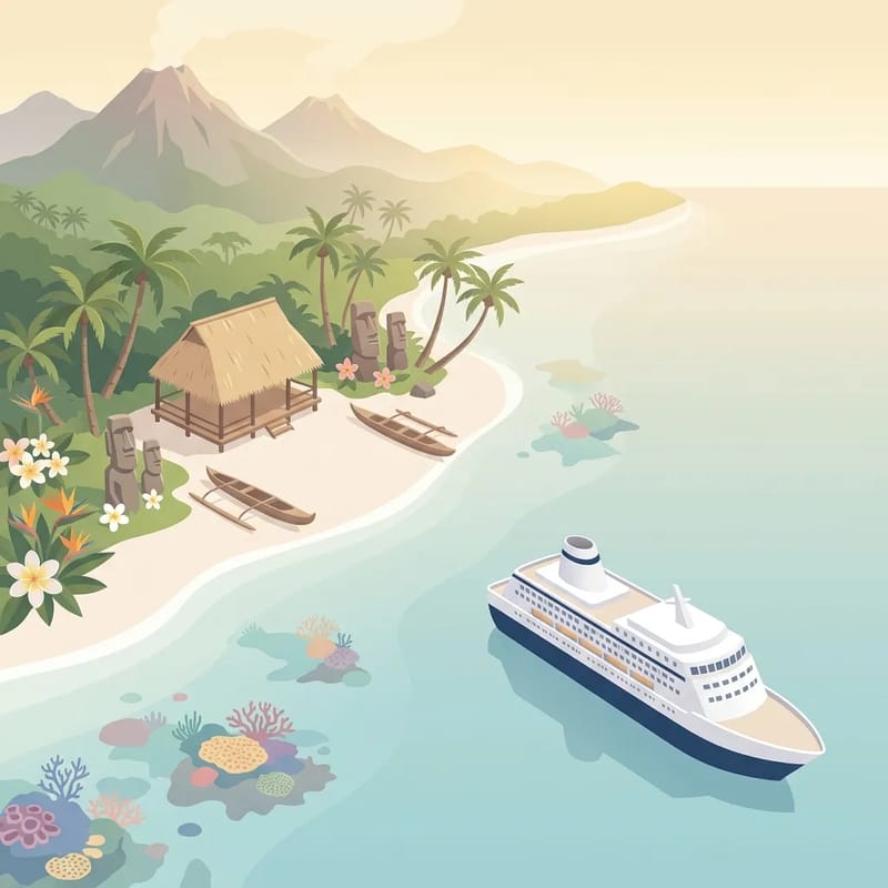 Tropical atoll with tiki statues and coral reef in the Pacific Islands
