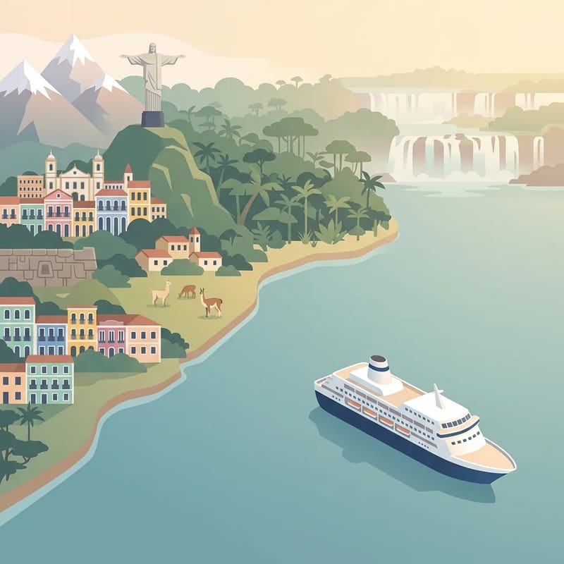 Christ the Redeemer, colorful colonial buildings, and Iguazu Falls in South America