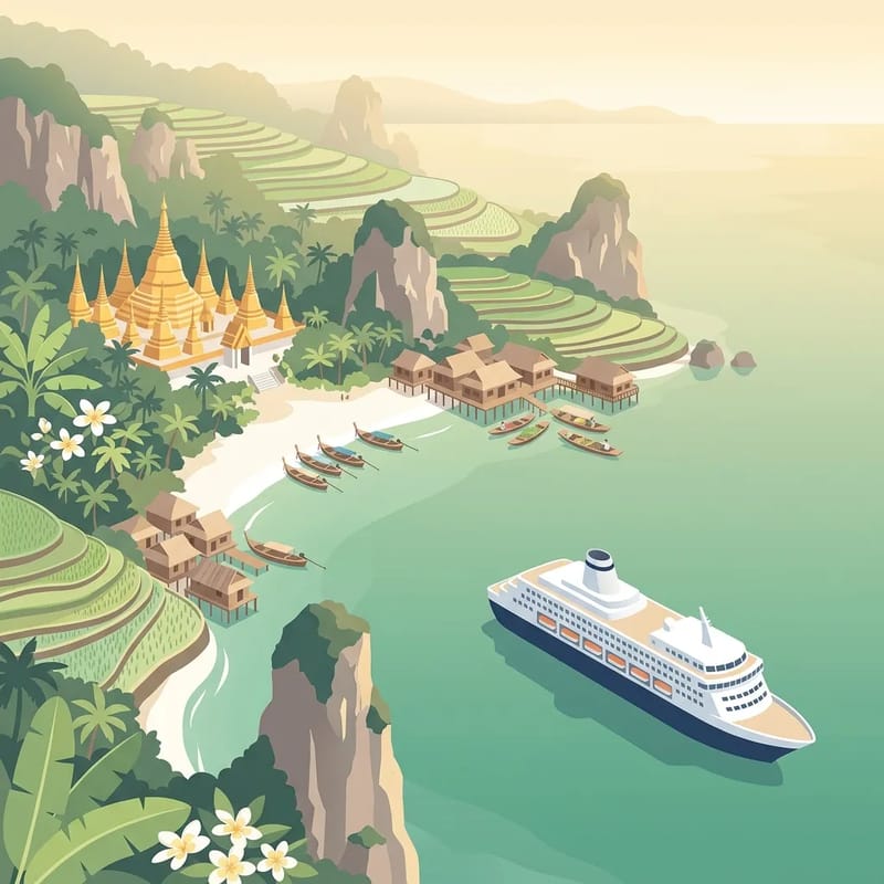 Limestone karsts and golden temple on a tropical Southeast Asian coast