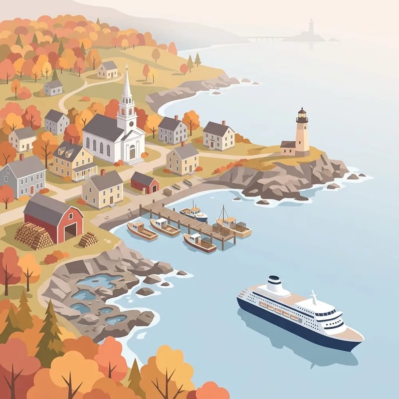 New England coastal town with lighthouse and autumn foliage