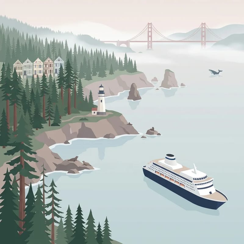 Pacific Northwest coastline with redwoods and Golden Gate Bridge