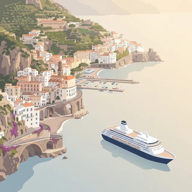 Coastal Mediterranean village with colorful buildings