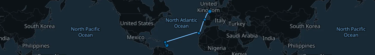 Route map of Tobago’s Whisper – Caribbean to Celtic Shores