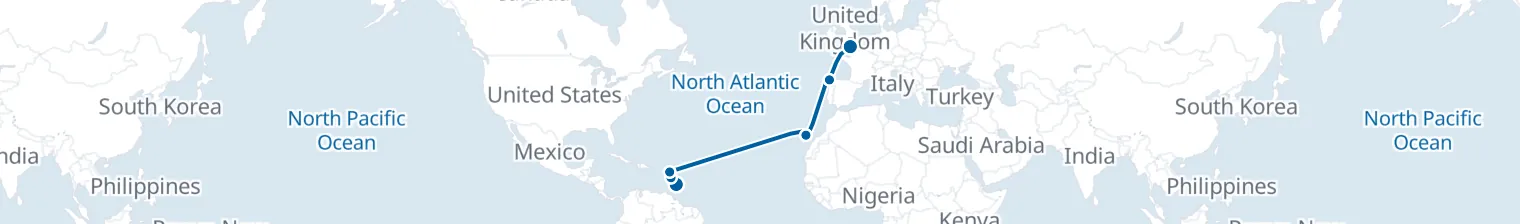 Route map of Tobago’s Whisper – Caribbean to Celtic Shores