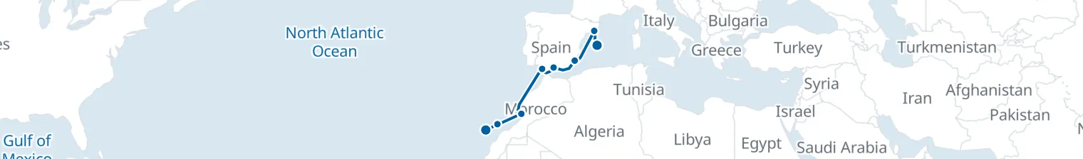 Route map of Canary Current – Sahara & Iberian Shores