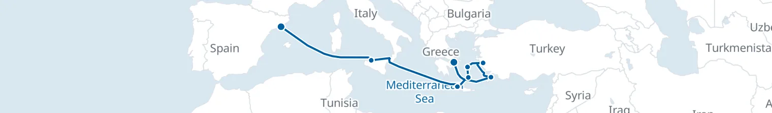 Route map of Sunken Ruins & Spice Bazaars – Aegean to Barcelona