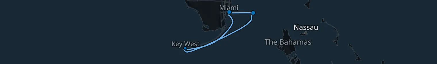 Route map of Tiki Torch Glow – Key West & Bimini