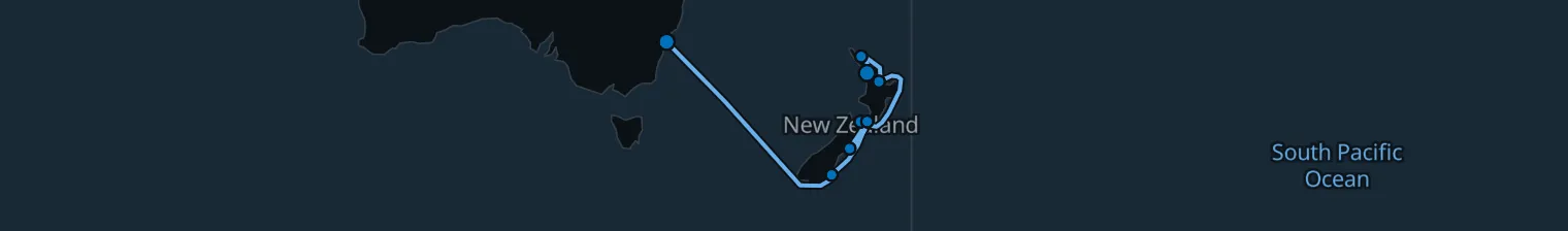 Route map of Southern Tides – Auckland to Sydney