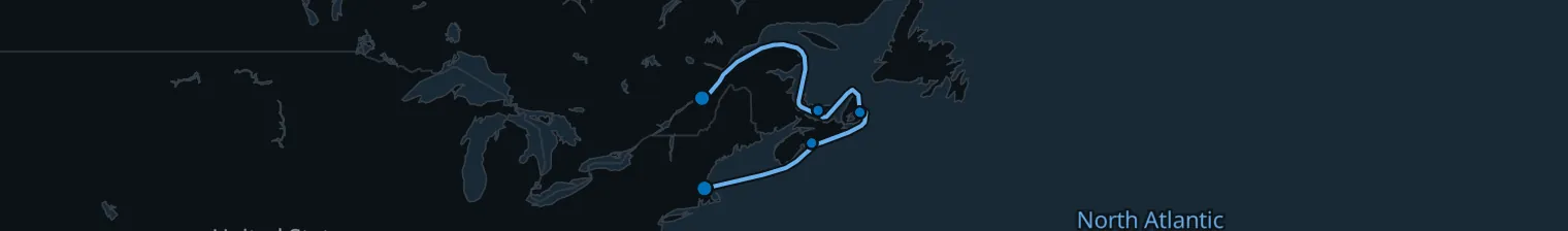 Route map of Acadian Tidecall – Boston to Québec