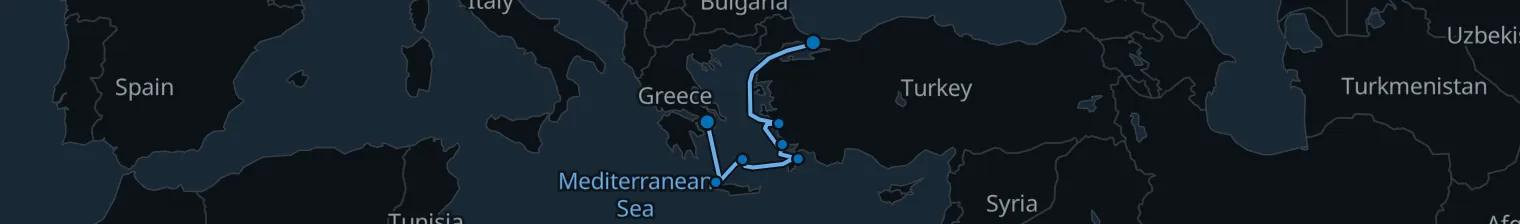 Route map of Aegean Odyssey – Rhodes & Santorini