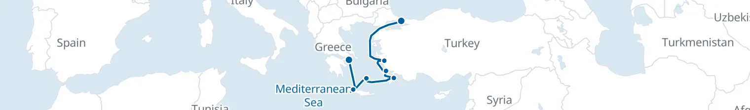 Route map of Aegean Odyssey – Rhodes & Santorini