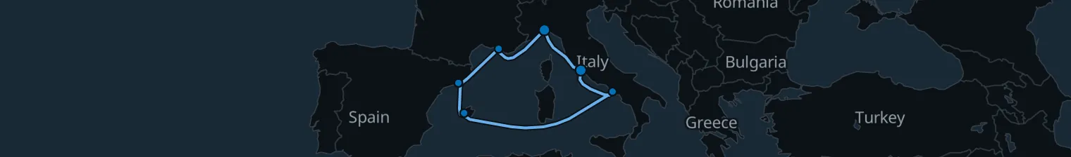 Route map of Sun-Drenched Terraces – Barcelona, Rome & Marseille