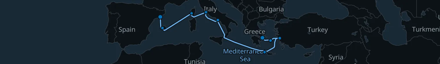 Route map of Cobblestone Odyssey – Ephesus, Naples & Palma