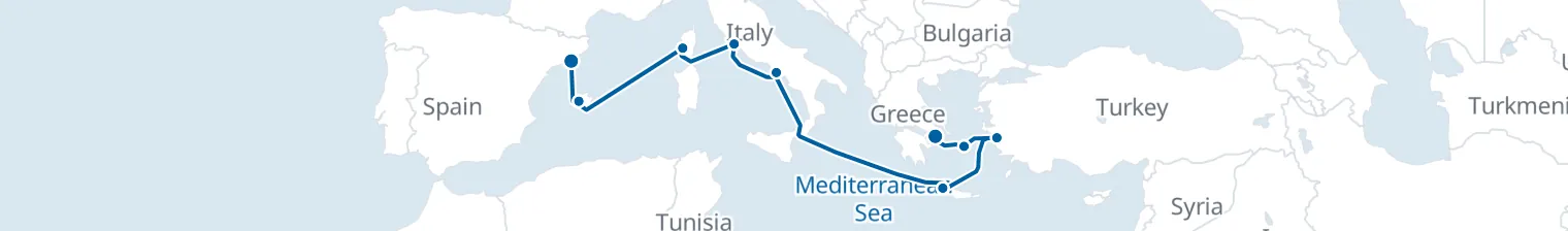 Route map of Cobblestone Odyssey – Ephesus, Naples & Palma