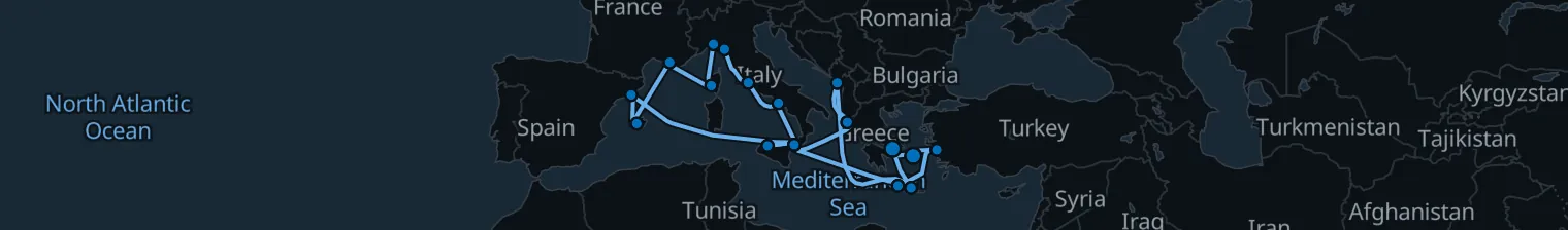 Route map of Epic Roman & Hellenic Ring – Barcelona, Rome & Ephesus