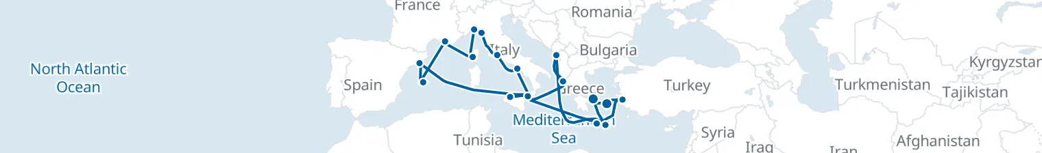 Route map of Epic Roman & Hellenic Ring – Barcelona, Rome & Ephesus