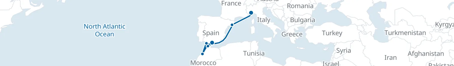 Route map of Mosaic Coastline – Tangier & Casablanca
